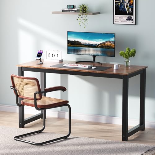Decoholic 55 Inch Computer Desk, Home & Office PC Laptop Study Writing Table Workstation with Leg Bars, Modern Simple Industrial Style, Rustic Brown - size: 55 Inch
