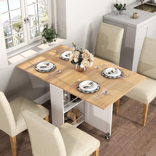 3imothrix Folding Dining Table, Dinner Table with Drawer and Storage and Shelves, Space Saving Dining Table with 6 Wheels, Kitchen Table for Small Spaces (Light Brown) - color: Light Brown