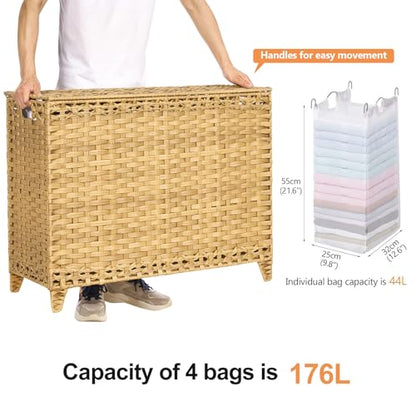 Laundry Hamper with 4 Removable Liner Bags; 176L Handwoven Rattan Laundry Basket with Lid & Heightened Feet; Clothes Hamper with Side Handles - color: Natural, size: 176L-4 Section