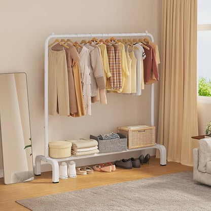 Metal Clothing Rack, 43.3 Inches Clothes Garment Coat Rack with Bottom Shelf for Hanging Skirts, Shirts, Sweaters, White | Metal 43.3 Inches Garment Rack Clothing Clothes Rack with Bottom Shelf for Hanging Clothes Coats Skirts Shirts Sweaters White - colo