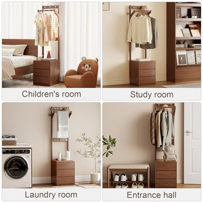Solid Wood Coat Rack Freestanding,Standing Coat Rack with 3 drawers,Clothing Racks for Hanging Clothes,Narrow Hall Tree with Storage,Walnut Nightstand with 6 Coat Hooks for Bedroom Entryway Corner - size: 3 drawers