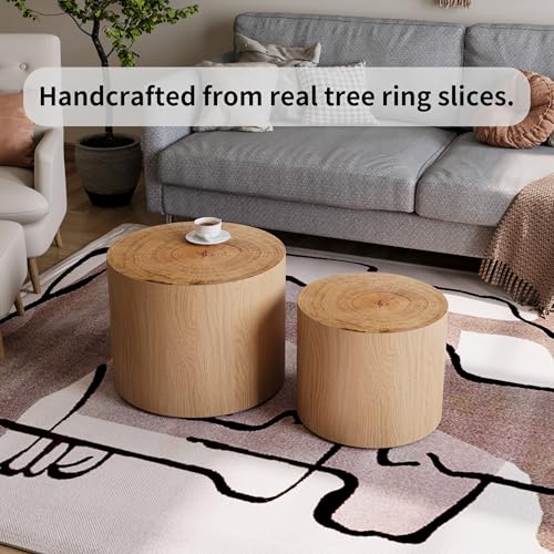 Nesting Coffee Table Set of 2, Modern Round Coffee Table, Wooden Circle Accent Tables for Small Spaces Living Room Bedroom Balcony Office Drum Side Table, Natural Wood - color: Natural Wood