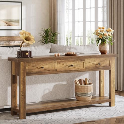 Tribesigns 70.9” Console Table with 3 Drawers, Extra Long Entryway Table for Hallway, Living Room, Narrow Sofa Table Behind Couch with Storage Shelf, Rustic Brown Wood Foyer Furniture