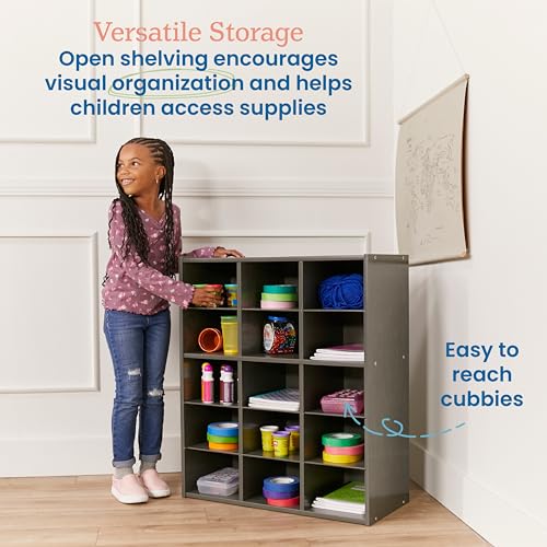 ECR4Kids Streamline 15 Cubby Tray Storage Cabinet, 5x3, Classroom Furniture, Grey Wash | Durable birch, GREENGUARD Gold Certified, 15 cubbies to store and organize supplies in a classroom, office, home playroom - color: Grey