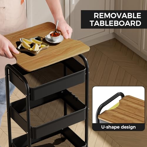 3 Tier Rolling Cart with Table top, Metal Utility Cart, Sturdy Storage Organizer Cart with Locking Wheels & Hooks for Office, Classroom, Kitchen and Bathroom - color: Black