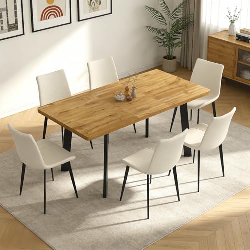 Extendable Dining Table Set for 4 to 8 People, 47.2" to 63" Modern Kitchen Table Set with 6 Leather Chairs, MDF Dining Room Table and Chairs with Removable Extension Leaf (Walnut Table+White Chairs) - color: 47.2'' - 63'' Walnut Table+6 Beige Chairs