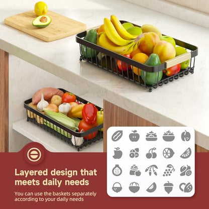 Sevenblue 2-Tier Fruit Basket with Banana Hangers, Detachable Metal Bowl | Wooden handle, protective mats included. Versatile holder for bread, snacks, and veggies. Large 2 tier metal design. - color: Black, size: 2 Tier Standard
