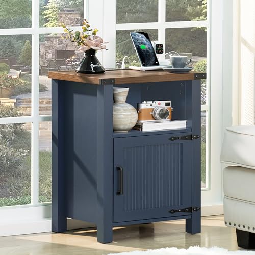 Joaxswe Night Stand with Charging Station and USB Port, 18 Inch Farmhouse Nightstand with Storage Shelf, Rustic Couch End Table with Magnetic Door, Wood Bed Side Tables for Bedroom, Home, Nayv Blue - color: Navy Blue