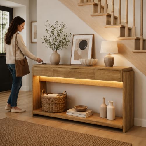 Feonase 71" Long Console Table with Drawer and LED, Wooden Farmhouse Sofa Table Behind Couch, Modern Entryway Table for Living Room, Hallway, Entrance, Foyer, Oak Brown