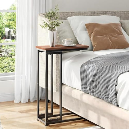 Ekisemio C-Shaped End Table, Slide Under Sofa Side Table with Metal Frame, Rustic Brown for Living Room