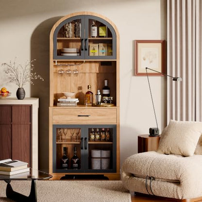 Tall Arched Pantry Cabinet, Kitchen Pantry Cabinet with Drawer and Charging Station, Tall Coffee Bar Cabinet with Storage, Dining Room Kitchen Hutch Storage Cabinet - color: Natural