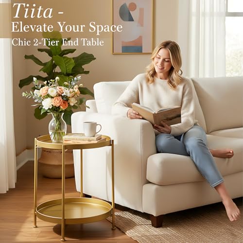 Tiita Round End Table Mental 2-Tier Side Table Nightstand/Small Iron Tables Accent Coffee Table for Living Room Bedroom Office Small Space - color: Teatable-gold