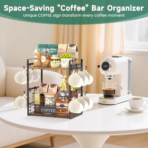 EsLuker.ly Coffee Mug Cup Holder Tree Bar Station Organizer, 2 Tier Mug Stand Rack for Countertop Kitchen, Storage Tower Display Shelf with 12 Hooks, Coffee Nook Enhancer - color: Antique Brown + Black
