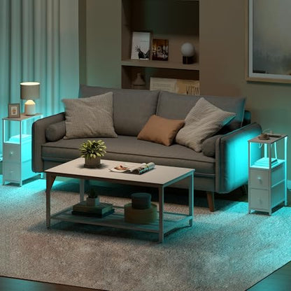 TUTOTAK Small Narrow LED End Table with Charging Station, Side Table Outlets, Nightstand with 2 Cloth Drawers, Set of 2, Couch Table, for Living Room, Bedroom, Bedside, White TB01BW056 - color: White, style: 2 Drawers with Plug & Light