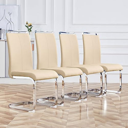Baysitone Modern Dining Chairs Set of 4, Side & Kitchen Chairs with Silver Frame, Faux Leather Padded Seat High Back, for Dining, Kitchen & Living Room - Beige - color: Beige, size: Set of 4