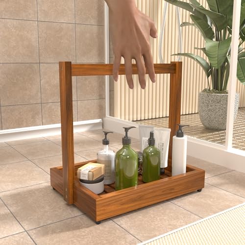 Teak Shower Caddy, Bathroom Organizer Basket with Non-Slip Base | Versatile Teak Basket Stores Toiletries, Towels, Toilet Paper, Spices or Fruit, with a Non-slip Base for Stable Placement - size: 1 Tier