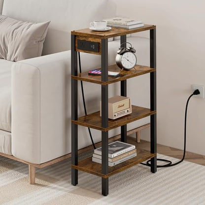 TUTOTAK Narrow Side Table Set of 2, Small End Table with Charging Station | 4-Tier Skinny Sofa Table, Slim Nightstand, Easy Assembly for Living Room, Bedroom, Brown TB01BB0802 - color: Brown, size: 4-tier