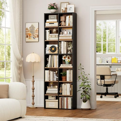 FOTOSOK 71'' Tall Bookshelf with 14 Cubes, 7 Tier Double Wide Wood Bookshelf with 6 Adjustable Shelves, 19.6" Narrow Bookcase DVD/CD Media Storage, Space Saving Display Shelf Cabinet, Black/Brown - color: Black/Brown