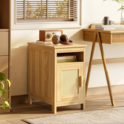 Huuger Narrow Night Stand, End Table with Charging Station, USB-C Port, Rattan Side Table with Cabinet and Open Shelf, Synthetic Rattan, for Small Spaces, Bedroom, Natural Wood - color: Natural Wood