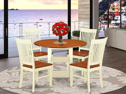 East West Furniture SUWE5-BMK-W 5 Piece Dining Table Set for 4 Includes a Round Kitchen Table with Dropleaf & Shelves and 4 Kitchen Dining Chairs, 42x42 Inch, Buttermilk & Cherry - style: SUWE5-BMK-W