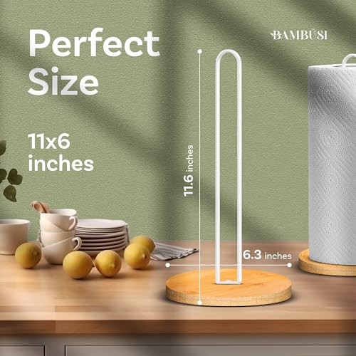 Paper Towel Holder - Wooden Countertop Stand with Non-Slip Wood Base, Minimalistic Modern Style for Kitchen, Home, Office (White) - color: Bamboo/White