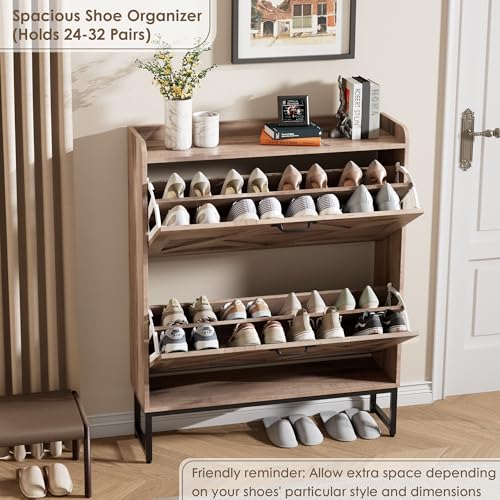 Nicetree Shoe Cabinet with 2 Flip Drawers，Freestanding Shoe Storage Cabinet, Narrow Shoe Organizer Cabinet, Farmhouse Slim Shoe Rack Cabinet for Entryway,Toasted Oak - color: Toasted Oak