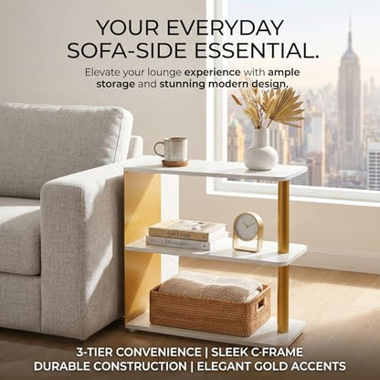 3-Tier Narrow End Table, Industrial Slim Side Table for Small Spaces, Sofa Couch Table Accent Nightstand with Storage Shelves for Living Room, Bedroom, Gold and White - color: Gold
