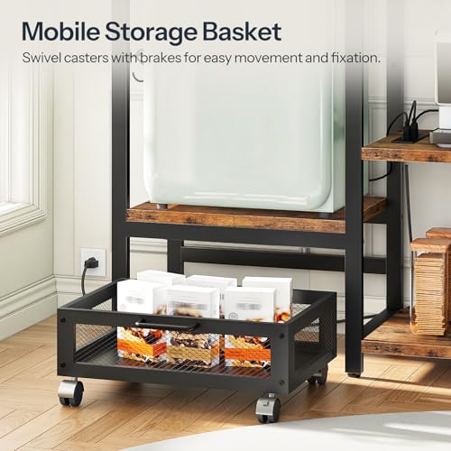 HOOBRO Mini Fridge Stand with Storage, Microwave Stand with Movable Basket, 3-Tiers Coffee Bar Station, Bakers Rack with Power Outlet, for Kitchen, Dorm, Office, Rustic Brown and Black BF38UHB01