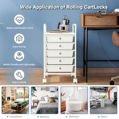 5-Tier Rolling Cart with 5 Drawers, Rolling Utility Cart with 2 Lockable Caster Wheels, Multipurpose Mobile Rolling Storage Drawer Cart for Office Bathroom Kitchen, Ivory White - size: White, 5-Tier