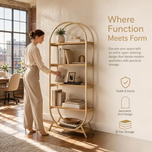 Bookshelf Arched Bookcase, Industrial 5 Tier Open Book Shelves with Metal Frame, 72" Tall Freestanding Display Rack for Home Office, Living Room,Nature Wood and Gold - color: Nature Wood & Gold, size: 5 Tier Arched
