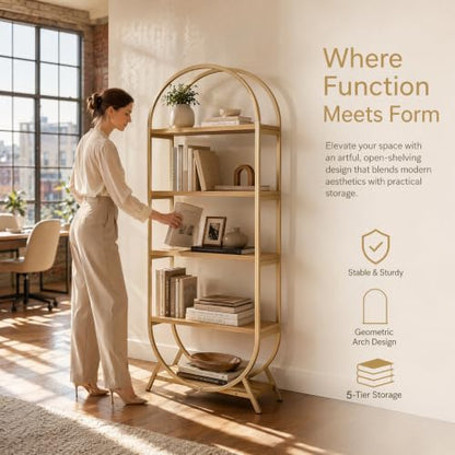 Bookshelf Arched Bookcase, Industrial 5 Tier Open Book Shelves with Metal Frame, 72" Tall Freestanding Display Rack for Home Office, Living Room,Nature Wood and Gold - color: Nature Wood & Gold, size: 5 Tier Arched