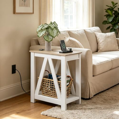 WLIVE Farmhouse End Tables Living Room, Narrow Side Table with Charging Station, Slim End Table, Side Table for Bedroom, Small Spaces, 2 USB and 2 Power Outlets, 11.8" D x 23.6" W x 23.74" H - color: Greige