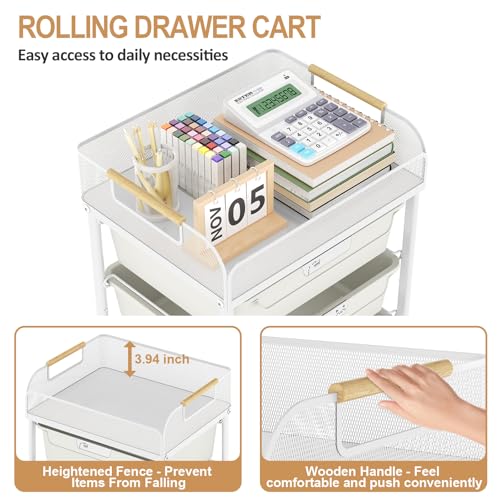 SYKIARIOL 4-Drawer Rolling Storage Cart with Mesh Top, Utility Craft Organizer Cart on Wheels with DIY Labels, Rolling Drawer Cart for Home Office Classroom Bedroom, White - color: White