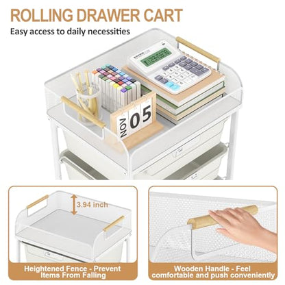 SYKIARIOL 4-Drawer Rolling Storage Cart with Mesh Top, Utility Craft Organizer Cart on Wheels with DIY Labels, Rolling Drawer Cart for Home Office Classroom Bedroom, White - color: White
