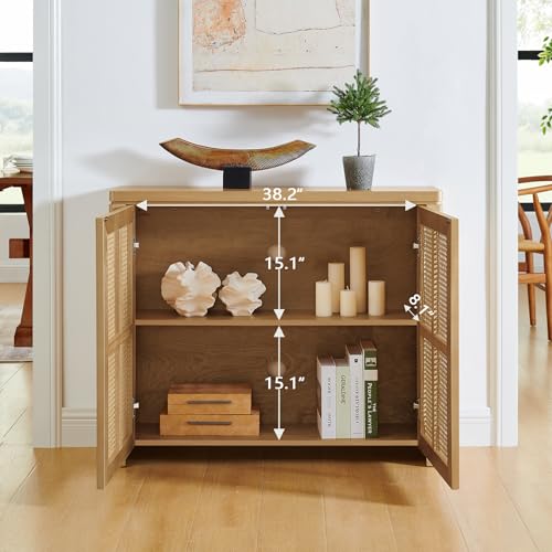 Mid Century Modern Rattan Sideboard 39.4’’ Small Coffee Bar Console Buffet Cabinet Table for Living Dining Room Entryway Hallway, Natural