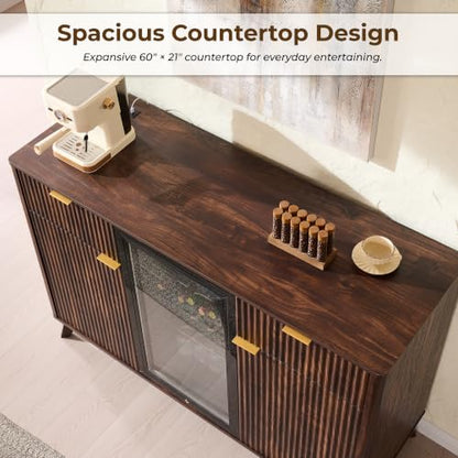 OKD 60" Fluted Coffee Bar Cabinet with Mini Fridge Space, Dark Walnut | Mini Fridge Compatible, Built In Charging Station, 3 Stemware Racks, 2 Drawers, 2 Cabinets, Home Bar Cabinet Storage - color: Dark Walnut