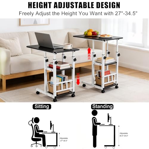 Adjustable C Table,Over Bed Table with Wheels,Rolling Side Table, Over Bed Table with Wheels, Bedside Table, for Sofa Side Small Space, Stable Multi Storage Desk, Black - color: Black