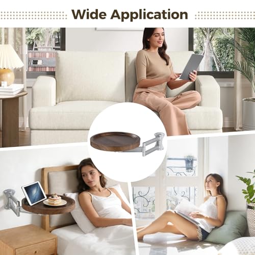 Wall Mounted Bedside Shelf, 11 in Round Floating Table for Wall, Foldable Side Tray with Swing Arm Bracket, Space Saving Nightstand Desk for Bedroom, Sofa, Small Study Corner