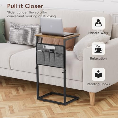 Vagusicc C Shaped End Table, Small Side Table for Couch, Adjustable Height Sofa Table with Metal Frame for Living Room, 33'' Tall Side Table for Couch, Bedroom, Bedside, Rustic Brown and Black - color: Rustic Brown
