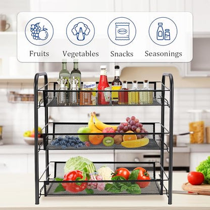 CVHOMEDECO. 3 Tier Fruit Basket Large Capacity Rectangular Metal Fruit Bowl Detachable Metal Fruit Stands Organizer for Kitchen Counter, Bread, Vegetable, Snack and Fruits. Black