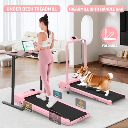FUNMILY Upgrade Walking Pad Folding Treadmill with 12%/15% Incline & Handle Bar, 3.5HP Foldable Under Desk Compact Treadmills for Home/Office/Gym, 400+lb Capacity, Shock Absorption - color: Best Baby Pink T
