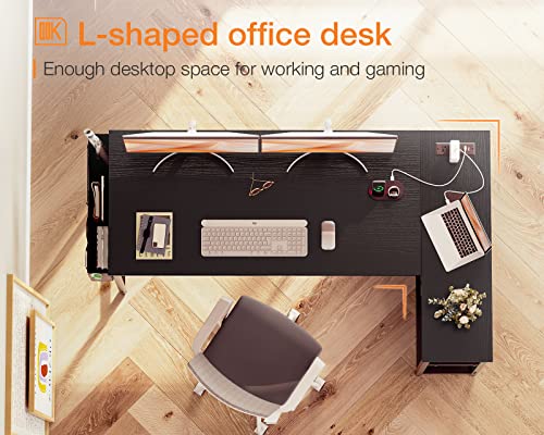 ODK 55 Inch Small L Shaped Computer Desk with Power Outlets, Corner Desk with PC Stand & Reversible Storage Shelves for Small Space Home Office Workstation, Modern Simple Writing Study Table, Black - size: 55 inch
