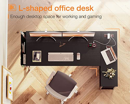 ODK 55 Inch Small L Shaped Computer Desk with Power Outlets, Corner Desk with PC Stand & Reversible Storage Shelves for Small Space Home Office Workstation, Modern Simple Writing Study Table, Black - size: 55 inch