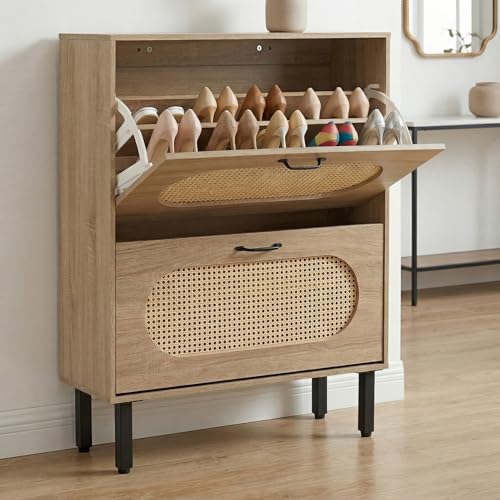 Crownland Shoes Storage Cabinet, Shoe Storage Organizer with 2 Flip-Out Drawers, Modern Two-Tier Freestanding Shoe Rack Cabinets for Entryway, Hallway, Living Room(Wood-Large) - color: Wood
