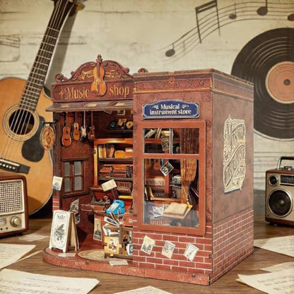Music Shop 3D Wooden Puzzle, Book Nook Kit with LED Lights,3-Star Difficulty Craft Set for Adults & Teens, 4-6 Hours Relaxing Assembly,Unique Home Decor Birthday Gift for Music Lovers