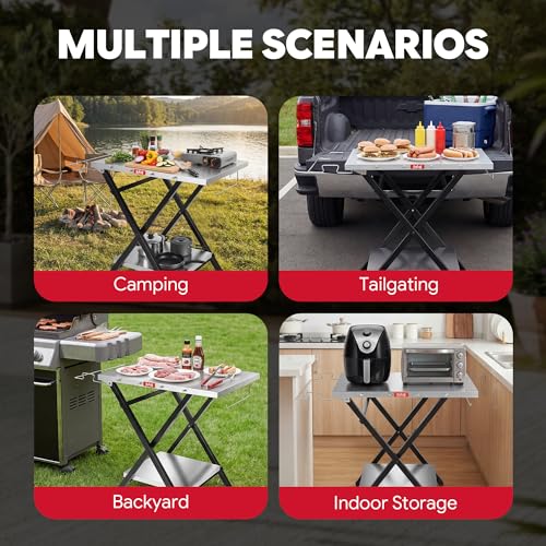 Feasto Outdoor Grill Table, Folding Prep Table, 30" x 24", Stainless Steel | with Garage Rack & Tissue Holder, Foldable Pizza Oven Stand & Griddle Stand for Gathering and Party - color: Silver
