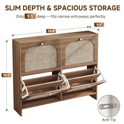 Nicetree Freestanding Ultra Slim Arched Rattan Accent Shoe Storage Cabinet for Entryway - 4 Flip Drawers & 3-Tier Adjustable Shelves, Farmhouse Modern Rustic Shoe Rack for Hallway, Foyer Oak - color: Caramel