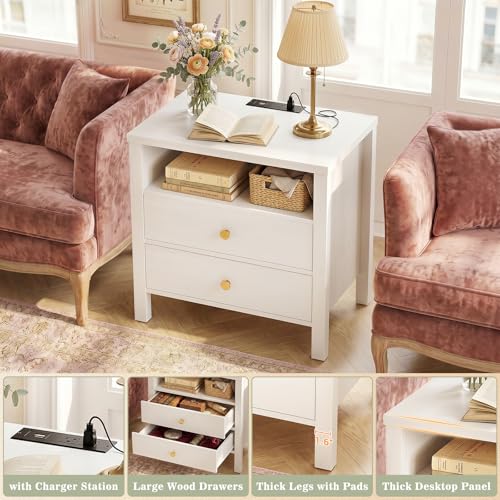 Aheaplus Nightstand with Charging Station, 23.6'' Large Bed Side Table with Wooden 2 Drawers, Night Stand for Bedroom, End Table with Open Storage Shelf for Living Room, Set of 2, White - color: White