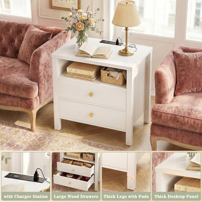 Aheaplus Nightstand with Charging Station, 23.6'' Large Bed Side Table with Wooden 2 Drawers, Night Stand for Bedroom, End Table with Open Storage Shelf for Living Room, Set of 2, White - color: White
