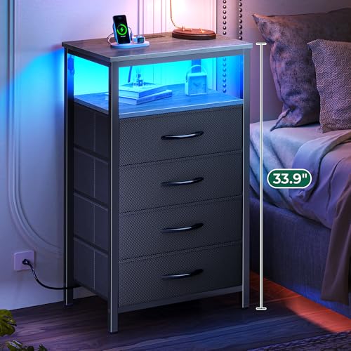 Huuger Night Stand with Charger Station and LED Lights, 4 Drawer Nightstand, Bed Side Table with Open Shelf, End Table, Fabric Dresser for Bedroom, Grey - color: Grey, size: 11.8"D x 15.7"W x 33.9"H（4 Drawers）